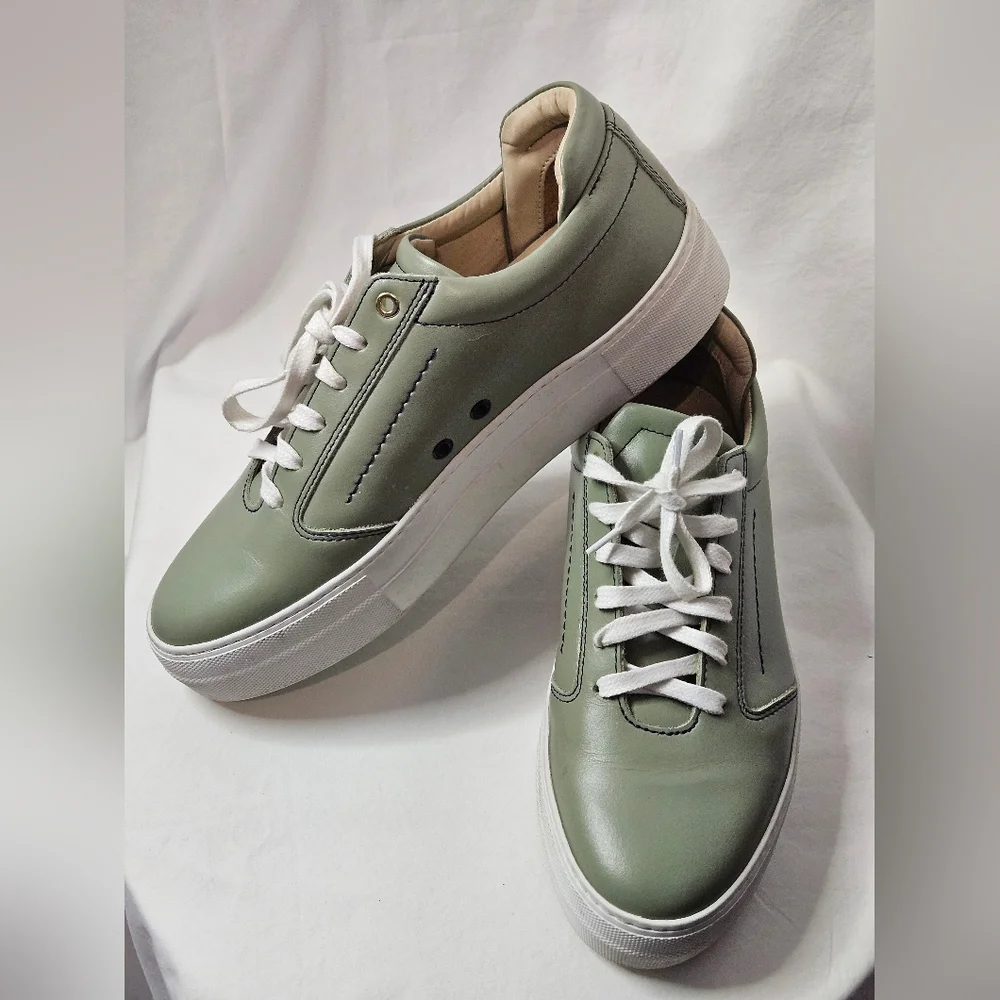 Pre-owned Want Les Essentials Women Leather Platform Sneakers Olive Green Sz 39